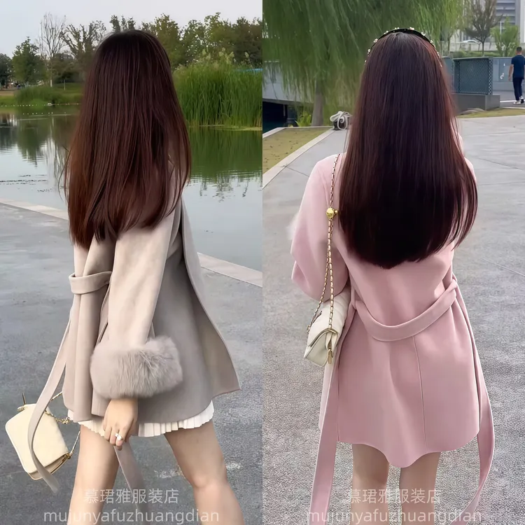 高级感超好看韩系绑带收腰毛呢外套小个子洋气质斗篷大衣2025初秋