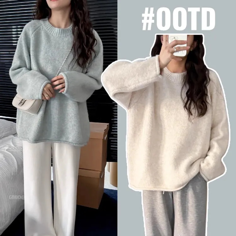 孕妇上衣韩系复古卷边圆领套头毛衣秋冬宽松慵懒风针织衫孕妇装