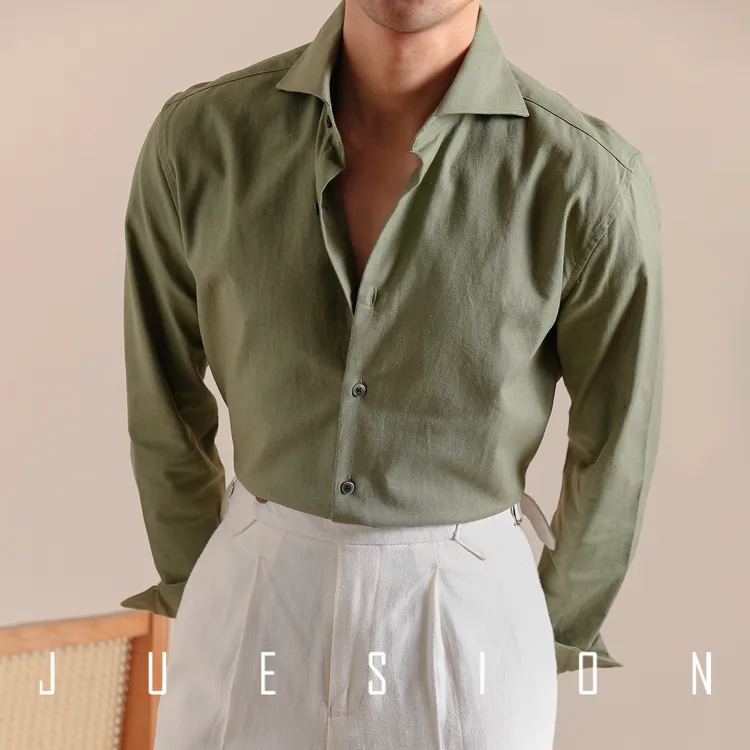 【棉麻混纺透气】JUESION 意式一字领长袖衬衫男休闲商务正装衬衣