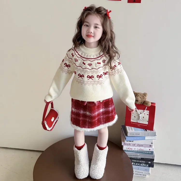 女童冬装洋气毛线衣2025新款儿童时尚宝宝猫咪贴布绣费尔岛风毛衣
