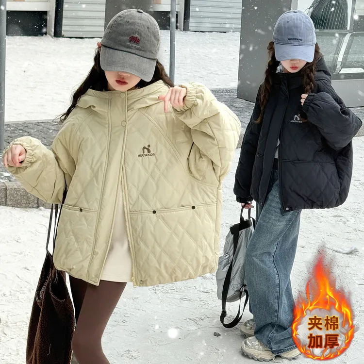 女童冬季夹棉加厚外套2025新款中大童韩版宽松剌绣绗棉外套
