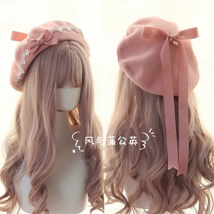 原创日系贝雷帽lolita少女心甜美毛呢女手作蕾丝蝴蝶结秋冬贝雷帽