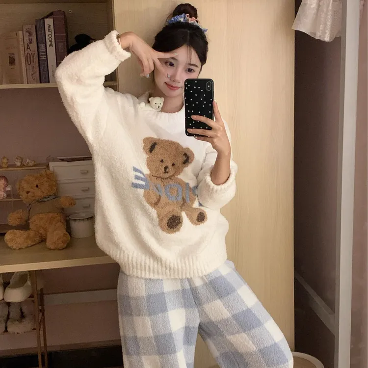 【小猫专属】甜美卡通小熊印花针织半边绒睡衣女套装秋冬季新款加厚保暖家居服