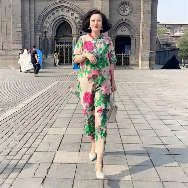 欧洲站夏时尚百搭休闲薄款花色中长大版宽松上衣小脚裤妈妈两件套