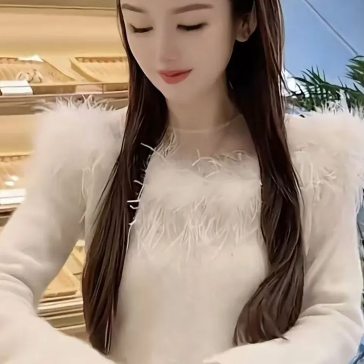 磨毛毛衣保暖打底衫秋冬新款长袖一字领羽毛上衣仙气百搭打底衫女