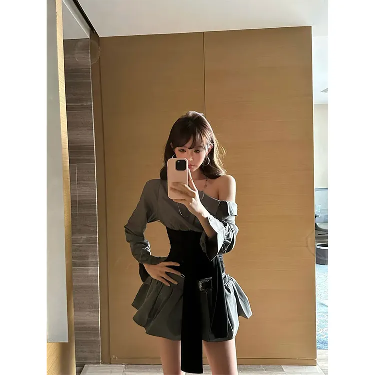 韩系复古显瘦套装裙女2025早秋新款斜肩长袖衬衫+包臀短裙两件套 