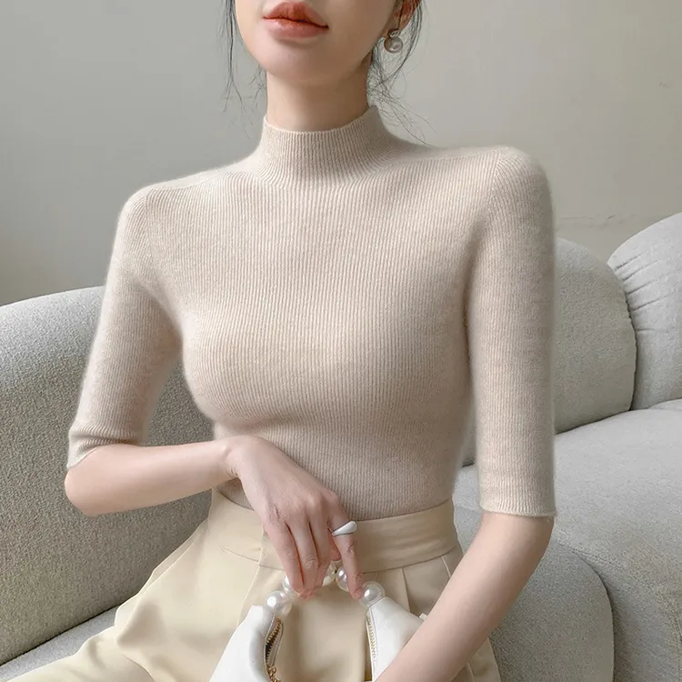 一线成衣半高领五分袖针织衫女修身显瘦毛衣中袖内搭针织打底衫