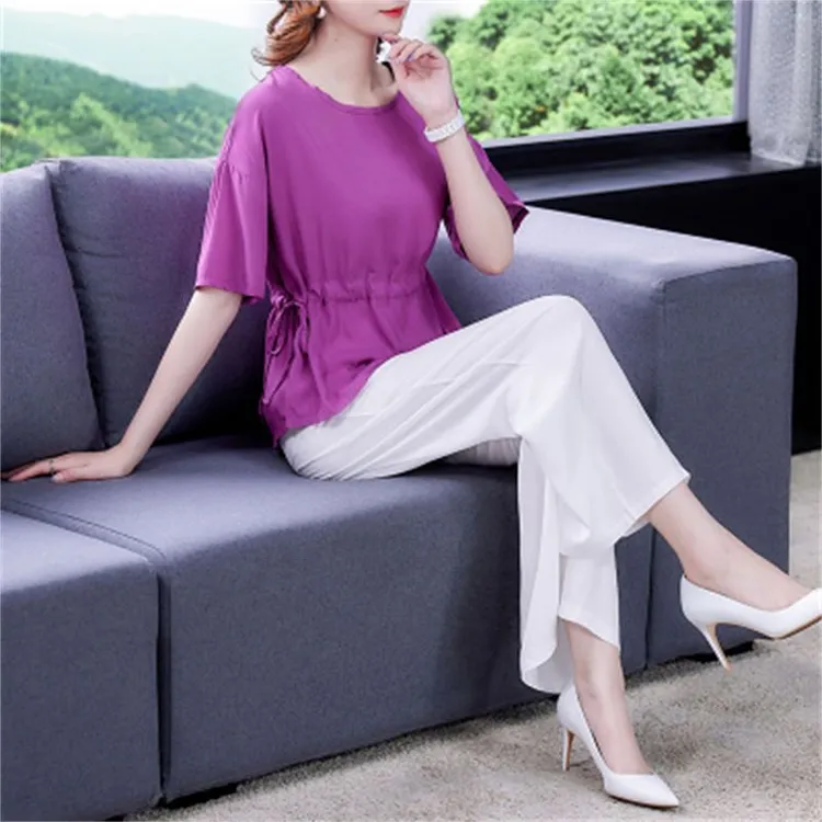 夏季纯色棉绸套装女大码时尚系带收腰显瘦宽松上衣女阔腿裤两件套