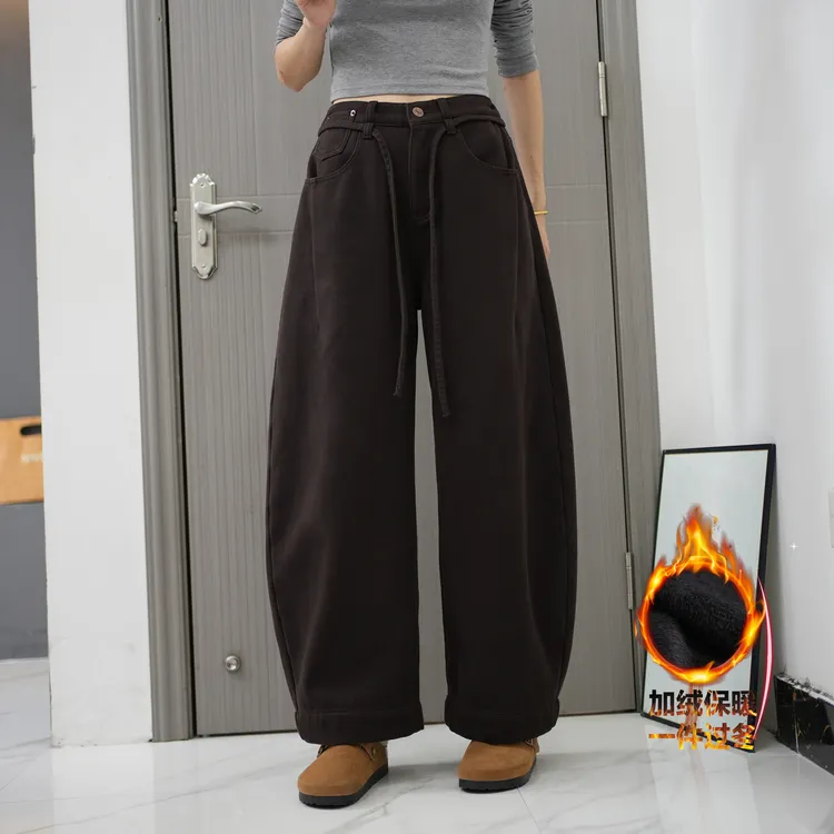 秋季加厚加绒25826老爹裤哈伦显瘦百搭女士牛仔高腰宽松高腰长裤