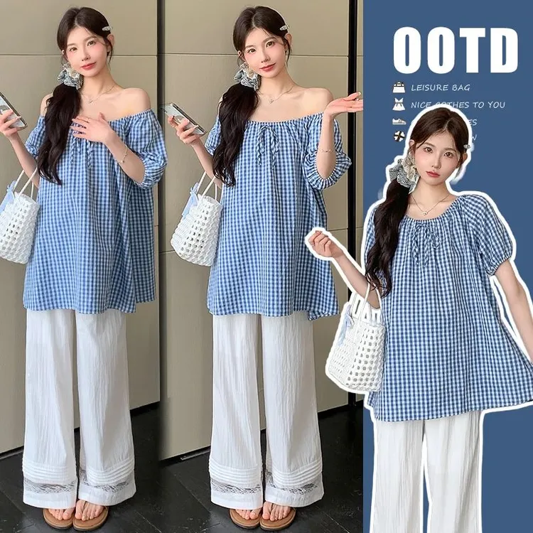 孕妇装夏季2025新款孕期甜美套装女格子上衣宽松裤子孕妈高级穿搭