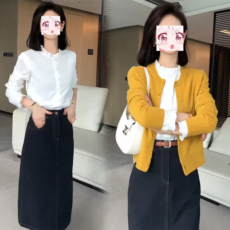 轻职风休闲2025秋季长袖针织开衫荷叶边衬衫半身裙子通勤三件套装