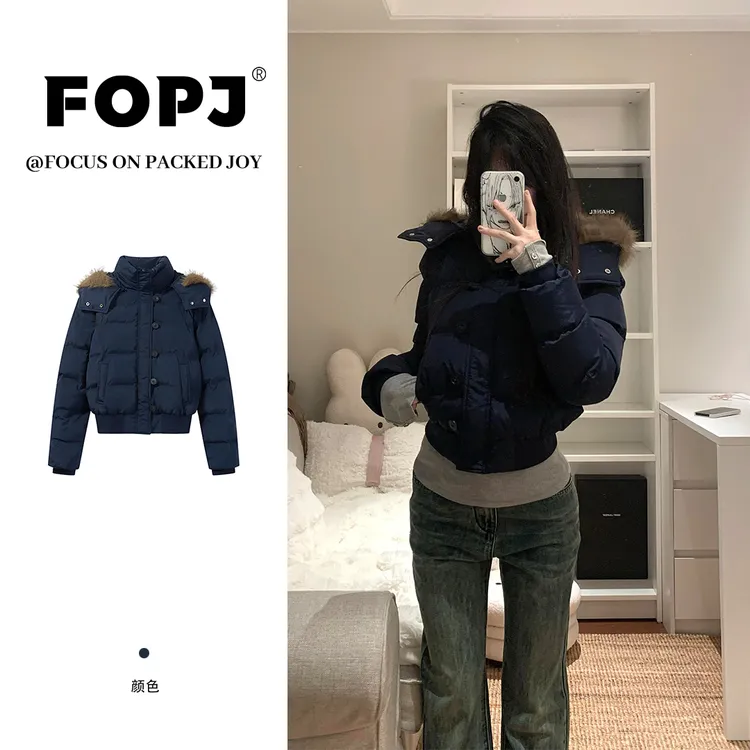 FOPJ美式复古连帽毛领棉服外套女冬季新款加厚短款潮流面包服棉袄