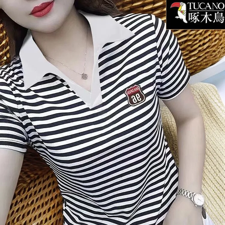啄木鸟2025年新款翻领设计感T恤女夏季薄款休闲百搭条纹短袖上衣
