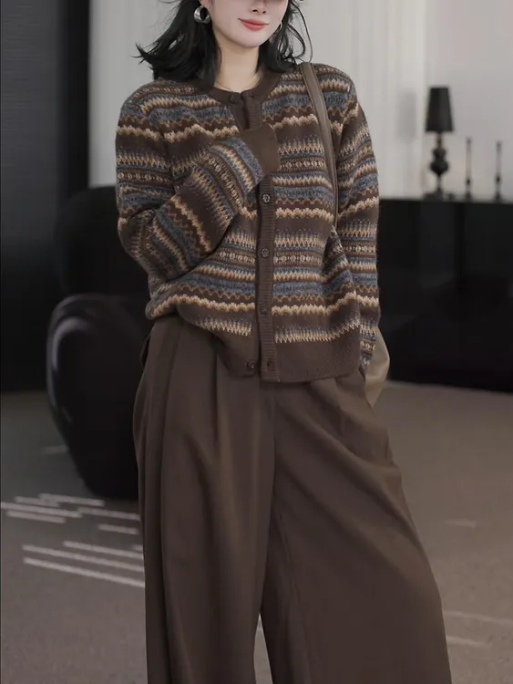 秋装女2025咖色撞色流行针织套装女款爆款2025新款高级感