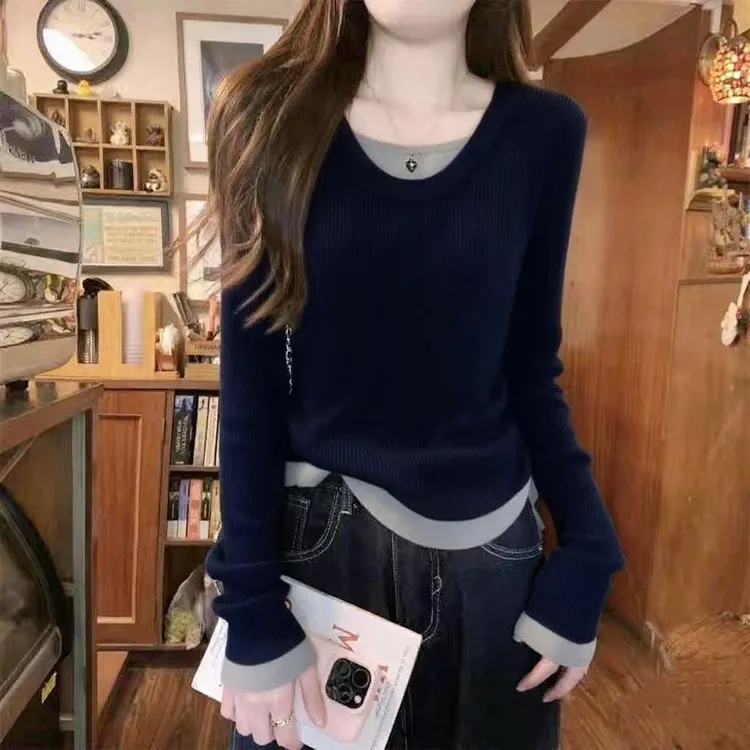 1575大码女装假两件抽绳设计感针织衫早秋新款胖mm韩系长袖上衣