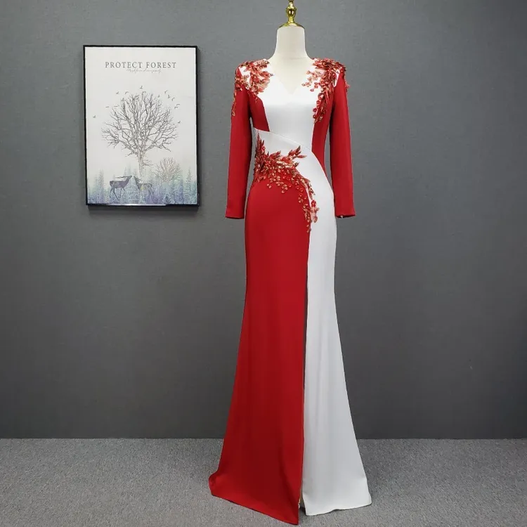 宴会晚礼服2025新款重工长袖文艺演出主持人艺考演出服年会礼服裙