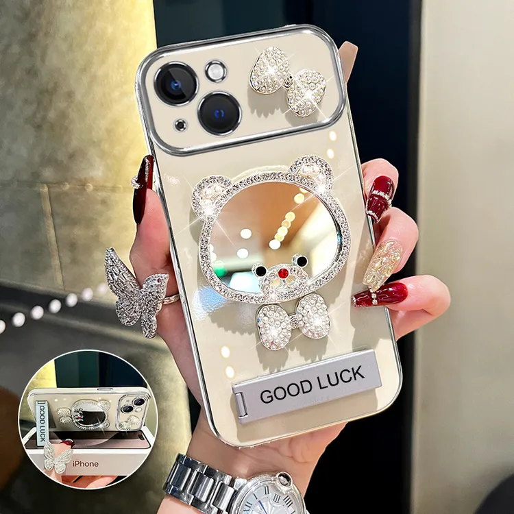 适用苹果/华为/oppo/vivo领结熊补妆镜大视窗手机壳全包防摔女款