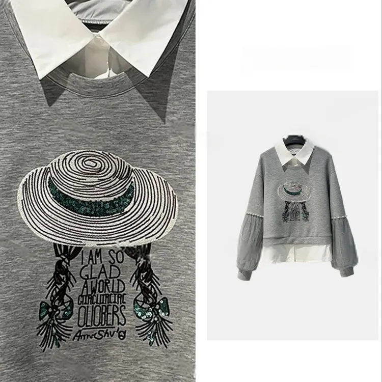 2025s秋季上新设计师款假两件草帽女孩长袖卫衣