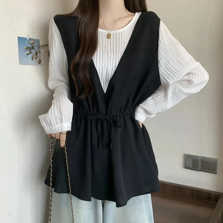 大码女装高级长袖雪纺衬衫春夏季新款胖mm显瘦遮肉洋气假两件上衣