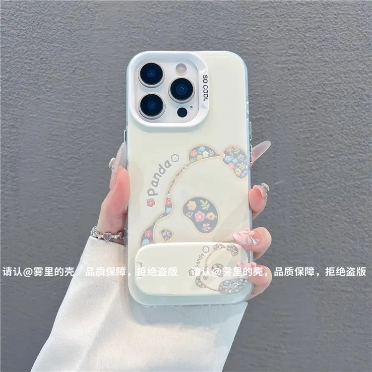 趴地熊猫镜面支架适用苹果16手机壳新款华为小众vivo可爱小米oppo