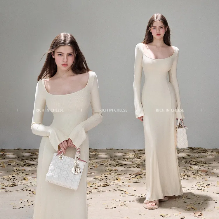 RICH IN CHEESE茶香可颂【系列合集】秋冬长袖高弹针织收腰连衣裙
