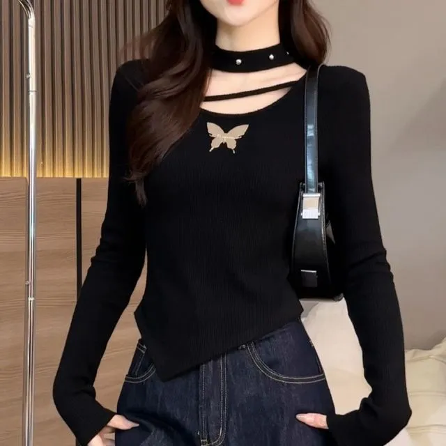 小香风法式上衣女不规则长袖打底衫春秋冬季显瘦大码设计感T恤女