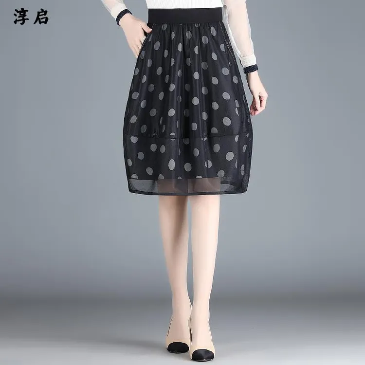 淳启时尚新款波点网纱半身裙女短裙夏季花苞裙高腰百褶灯笼打底裙