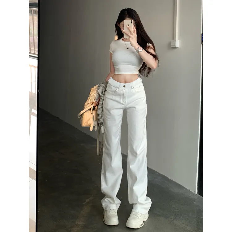 白色净版高腰阔腿牛仔裤女2025冬季新款显瘦显高百搭拖地牛仔裤