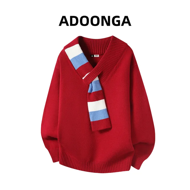 ADOONGA红色针织衫男士秋季2025爆款小众设计感围巾领打底毛衣男