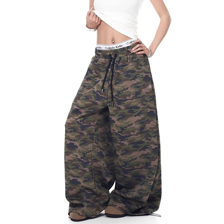 美式复古潮牌抽绳迷彩运动卫裤男女宽松显瘦阔腿裤街头嘻哈休闲裤