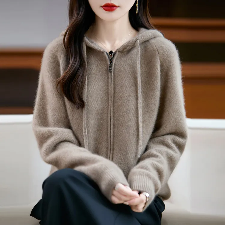 正品100%纯羊毛衫连帽针织开衫秋冬宽松休闲百搭时尚加厚毛衣外套