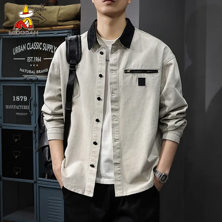 Mexican/稻草人秋季潮牌长袖衬衫男士美式复古工装衬衣翻领外套潮