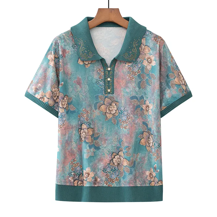 2025妈妈装夏天宽松洋气翻领中老年衣服T恤中老年女春秋奶奶装