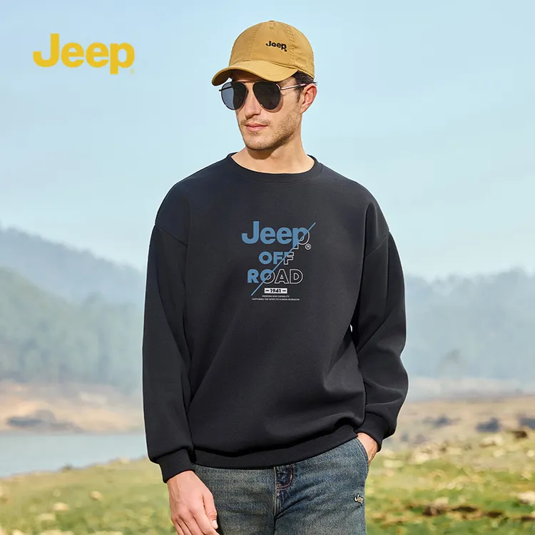 jeep长袖常规印花水洗秋冬男植绒卫衣宽松圆领休闲户外加绒套头衫