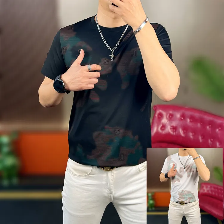 2025夏季新款时尚休闲无痕高弹提花百搭男士度假圆领透气潮流短袖