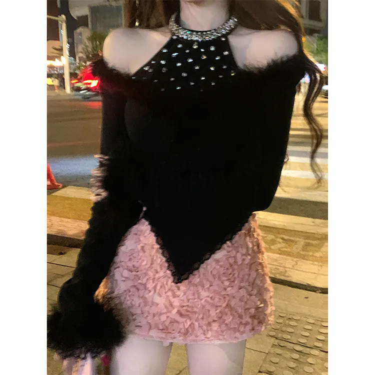 星河秘境 秋冬纯欲露肩辣妹穿搭小众设计感镶钻重工修身显瘦上衣