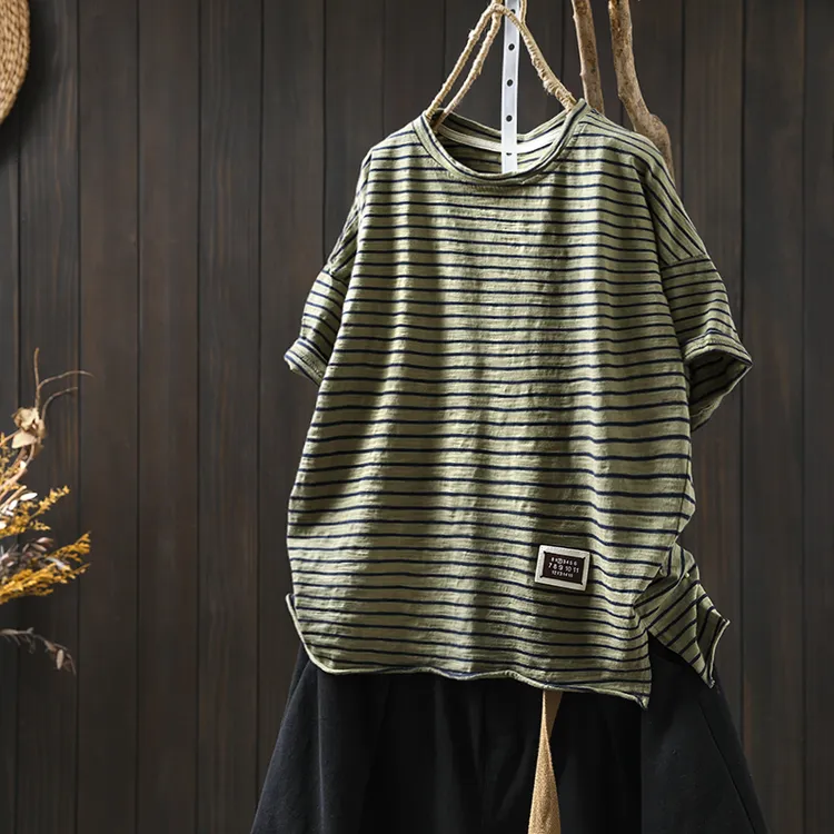 字母贴标条纹短袖t恤女小个子2025新款夏宽松休闲侧开叉套头上衣
