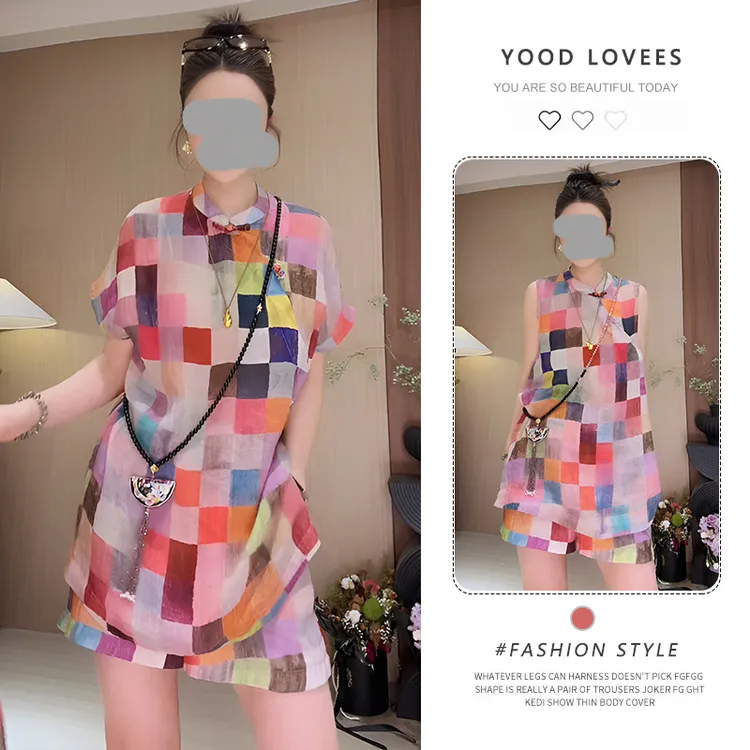 盐甜系穿搭多巴胺彩色格子上衣套装女夏季新款高腰显瘦短裤两件套