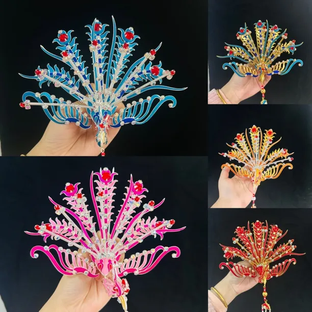 新款点稠正凤五尾双层弹簧金色花旦百搭头饰越剧黄梅戏青衣头面