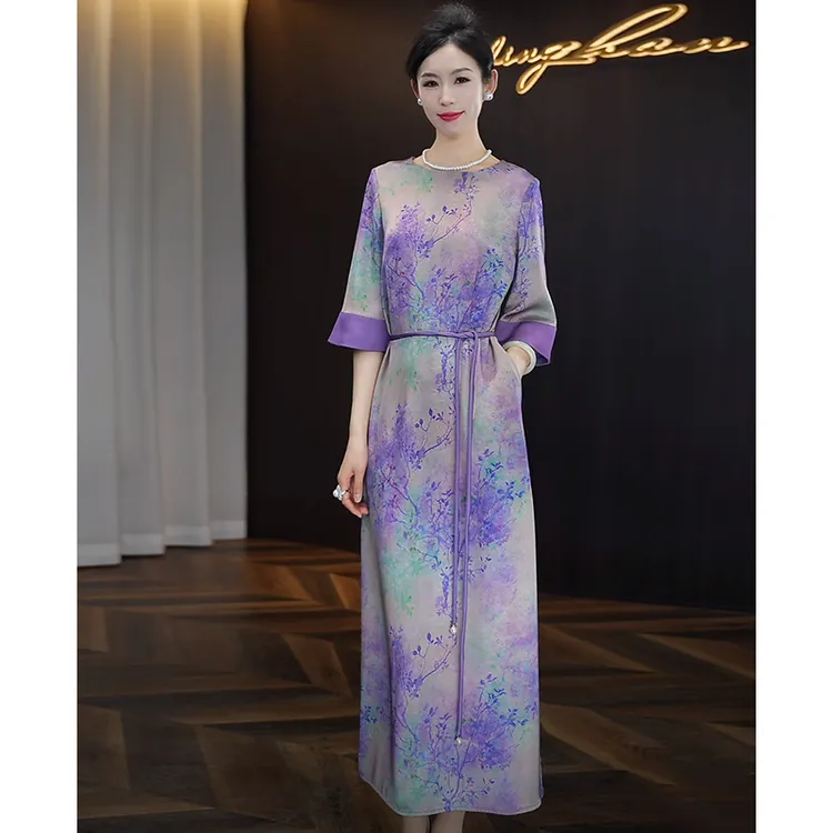 连衣裙女2025夏季新款女优雅高级感气质紫长裙出游洋气设计感裙子