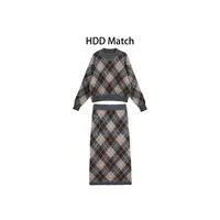 HDD- "套装方式" 羊毛 秋冬菱形格上衣+半身裙撞色套装 Y8976 