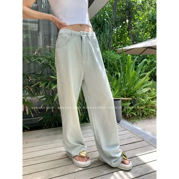 【薄荷冰茶】烫钻亮闪闪直筒牛仔裤女夏薄款牛仔裤