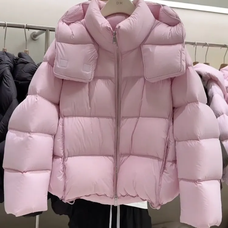 2025冬季新款大码女装粉色云朵泡芙棉服短款连帽面包服保暖外套