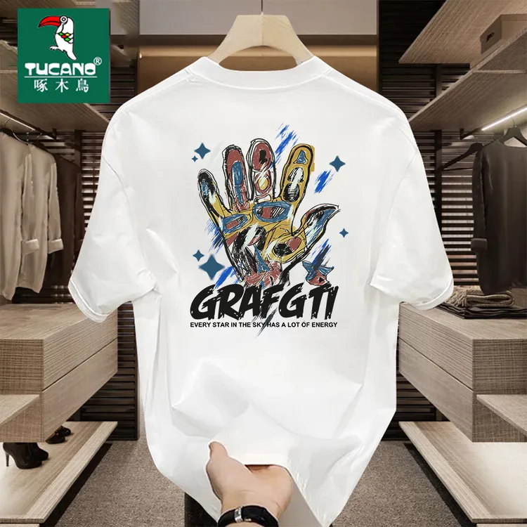 啄木鸟纯棉短袖t恤男女潮流宽松圆领百搭印花全棉半袖in时尚白色