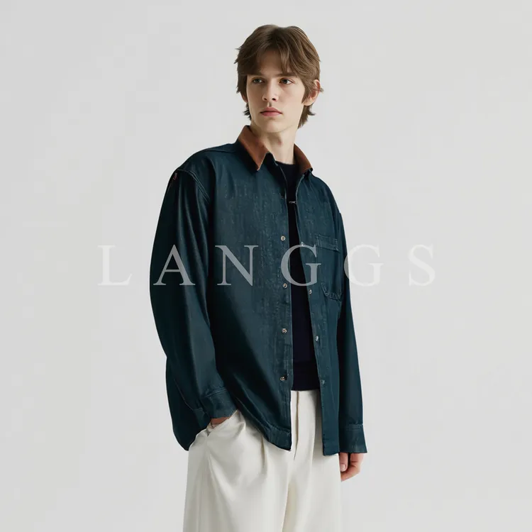 LANGGS&浪叔 25秋季复古撞色翻领特殊水洗牛仔衬衫-CZC008