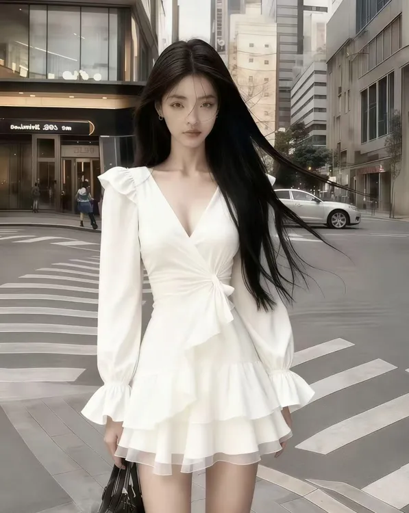 秋冬氛围感温柔风少女感白色V领长袖修身高腰显瘦时尚显白连衣裙