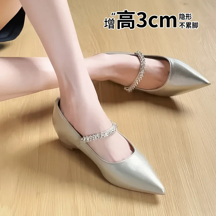 一字式扣带玛丽珍鞋薄款浅口单鞋跟鞋中跟高跟尖头