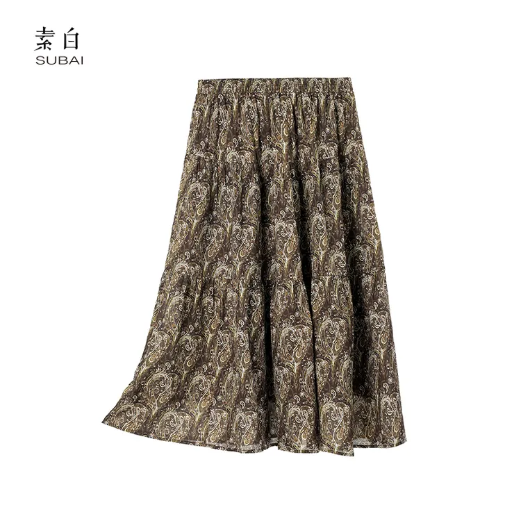 素白复古浪漫802796休闲印花时尚中长裙气质半身裙