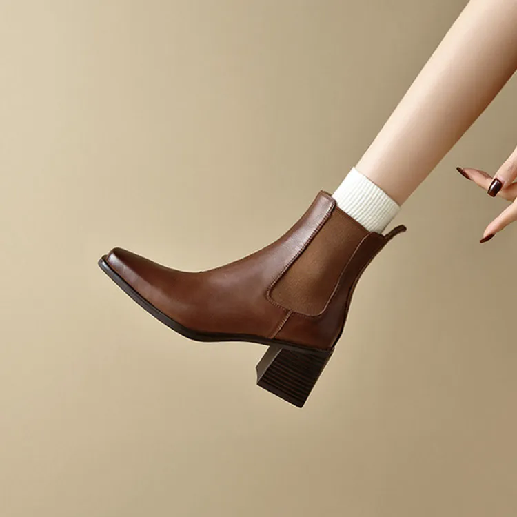 ins巨软巨软！6.5cm~头层牛皮棕色切尔西靴女高跟方头短靴瘦瘦靴