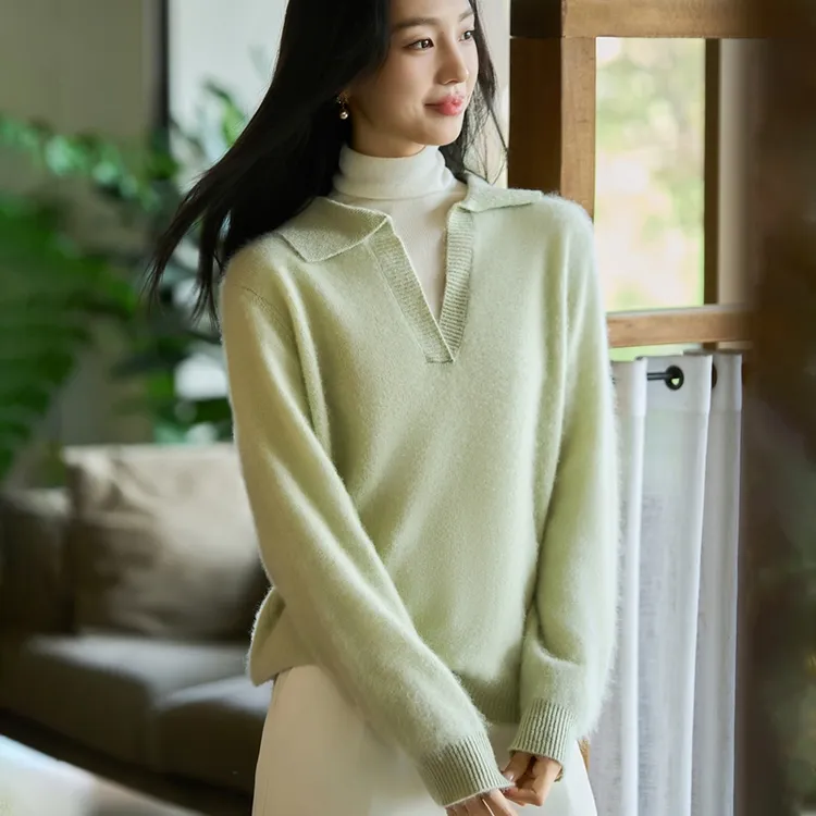 秋冬100%纯羊毛衫女气质翻领拉毛纯色打底毛衣宽松休闲上衣NS5140